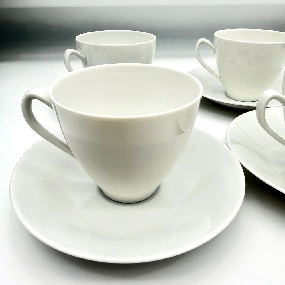 Rörstrand Blanca Set 4 Cups & Saucers 611 White Porcelain Sweden Vintage